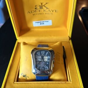 NIB ADEE KAYE women’s large face Chronograph watch silver / blue leather band